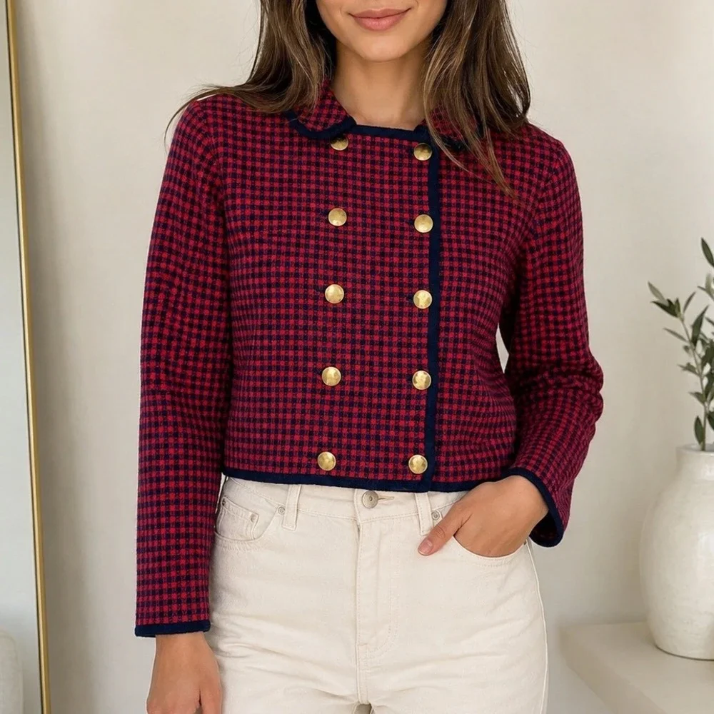 Vtg Marchesa di Gresy I Magnin 100% Wool Gingham Cropped Jacket military
